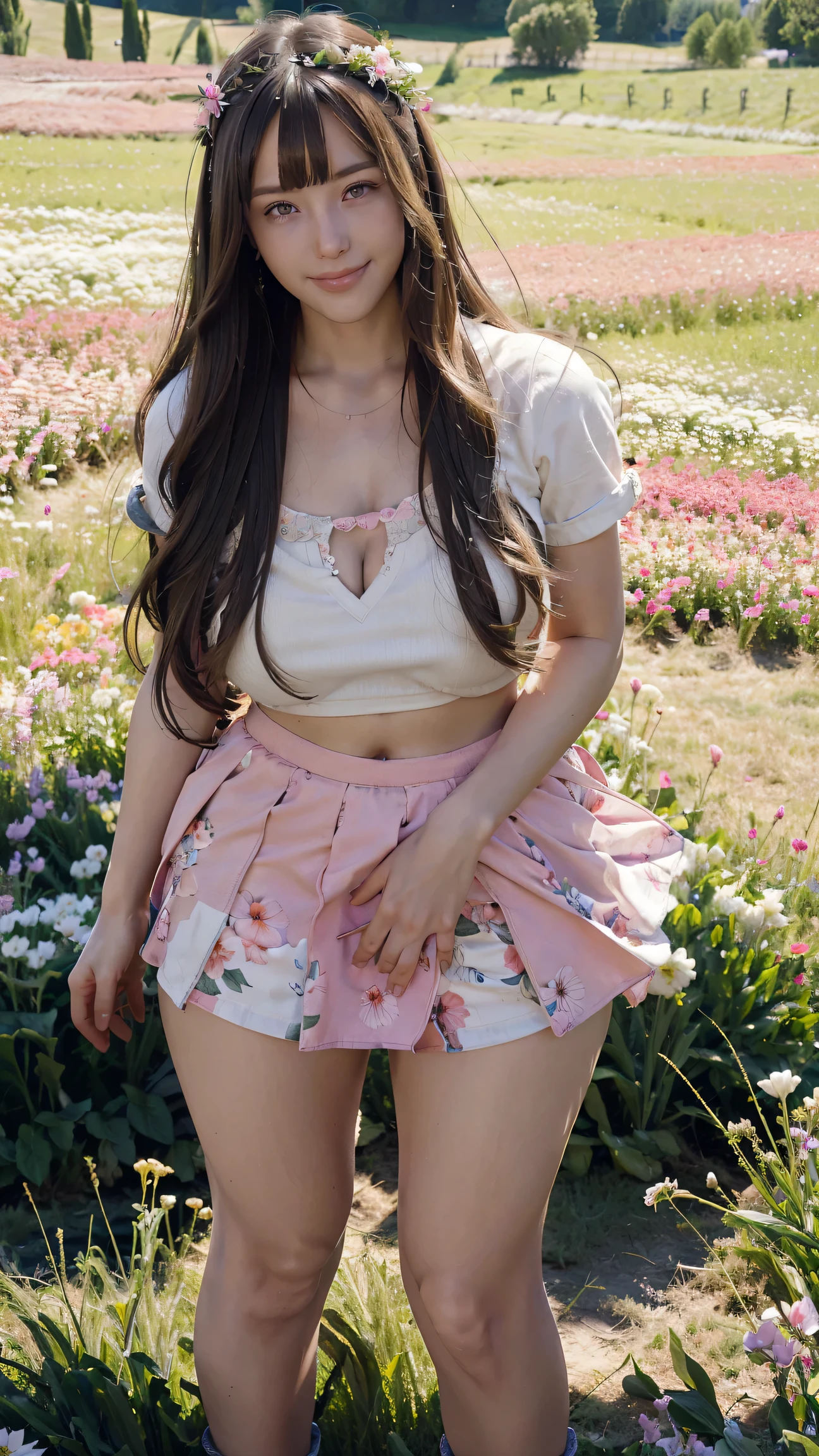 the background is a field of flowers, field of grass, horizon, wind, petals, , 1 girl, beautiful girl, smile, dressed in a miniskirt, standing in a field of flowers, holding a navet, long hair, hair past hip , bangs, curly hair, real hands, masterpiece, Best quality, 16k, photorealistic, ultra detailed, finely detailed, high resolution, perfect dynamic composition, beautiful detailed eyes, ((nervous and embarrassed)), sharp focus, full body shot , pink flower, flower background is a field of flowers, grass field, horizon, blowing wind, blowing petals, 16 years oldautiful girl, smile, wearing a transparent miniskirt, standing in a field of flowers , holding a navet,,very_long_hair, hair beyond the hip, bangs, curly hair, real hands, masterpiece, Best quality, 16k, photorealistic, ultra detailed, finely detailed, high resolution, perfect dynamic composition, beautiful detailed eyes, ((smiling and embarrassed)), Sharp focus, full-length photo, pink flower, flower

