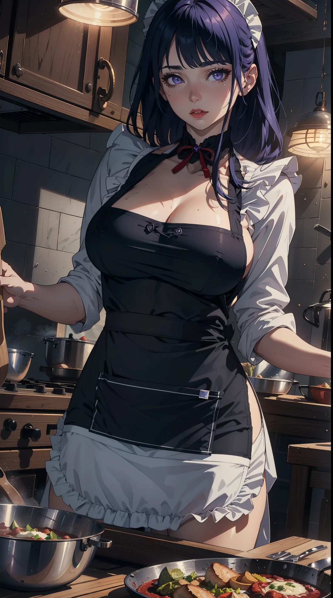 ((masterpiece)),(best quality),((ultra detailed)), ((nature background)), ((cinematic lighting)), depth of field, (dynamic angle), detailed lighting,(beautiful detailed eyes), (cooking),((apron only:1.5)),nude,red lip,eyeshadow,big breasts,sexy,cleavage,bare thighs,(raidenshogundef)