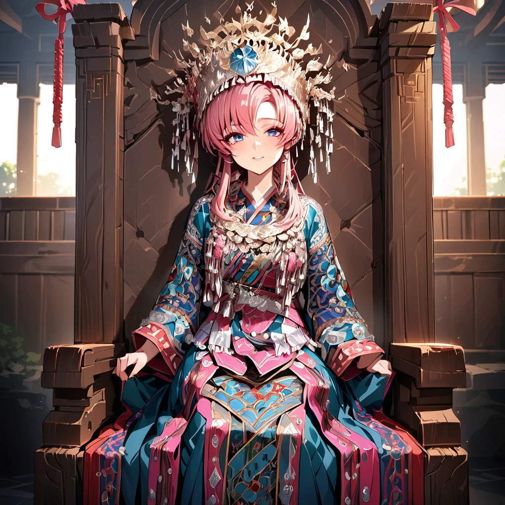 ((Highest quality)), ((masterpiece)), (detailed), （Perfect Face）、The woman is Lacus Clyne, with blue eyes, semi-long pink hair, and is wearing a gorgeous national costume and a gorgeous headdress.、She is seated on a magnificent throne next to her husband, the dignified, bearded, middle-aged emperor.