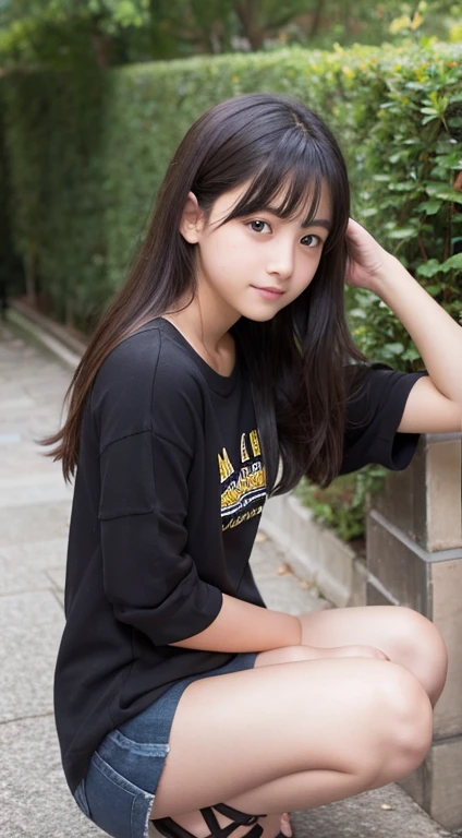 1girl in、15-years old、Esbian'Because of the loud boos, the lower part of her chest was visible.、A dark-haired、hotpants、pantiy、Beach、A slight smil、cleavage, decollete, decolletage , NSFW, NAKED L, NUDE