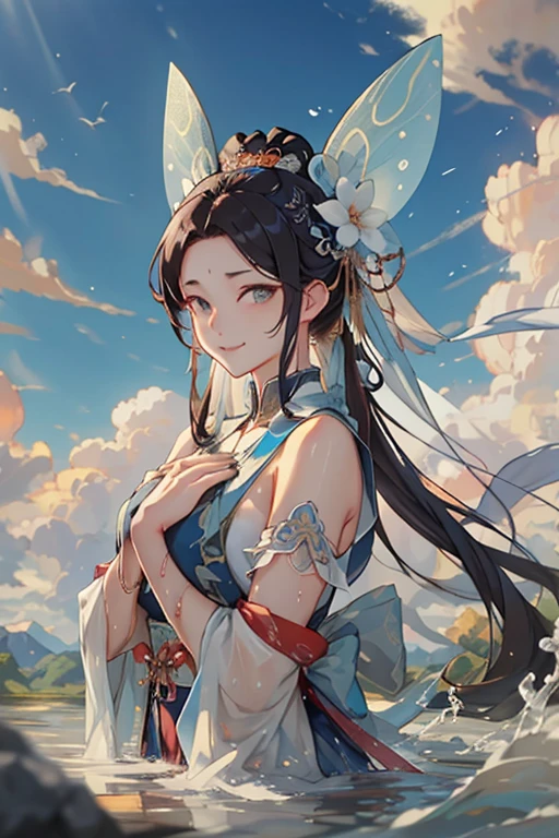 ((best quality)), ((masterpiece)), (detailed), Fairy,Front image,Chinese Mythology,During the Song Dynasty。This is a deity who controls water flow.。Behind her is the beautiful blue sky and white clouds。She has a blue,Big watery eyes,Looks very beautiful,She looks very,Smiling with a slightly frown。Beautiful blue sky and white clouds in the background,There is some water flowing in the background。Her hands were on her chest,Looks a bit reserved。
