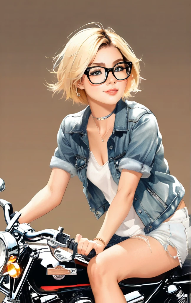 ハーレーDavidson, riding, American casual, blonde, short hair, black-rimmed glasses,