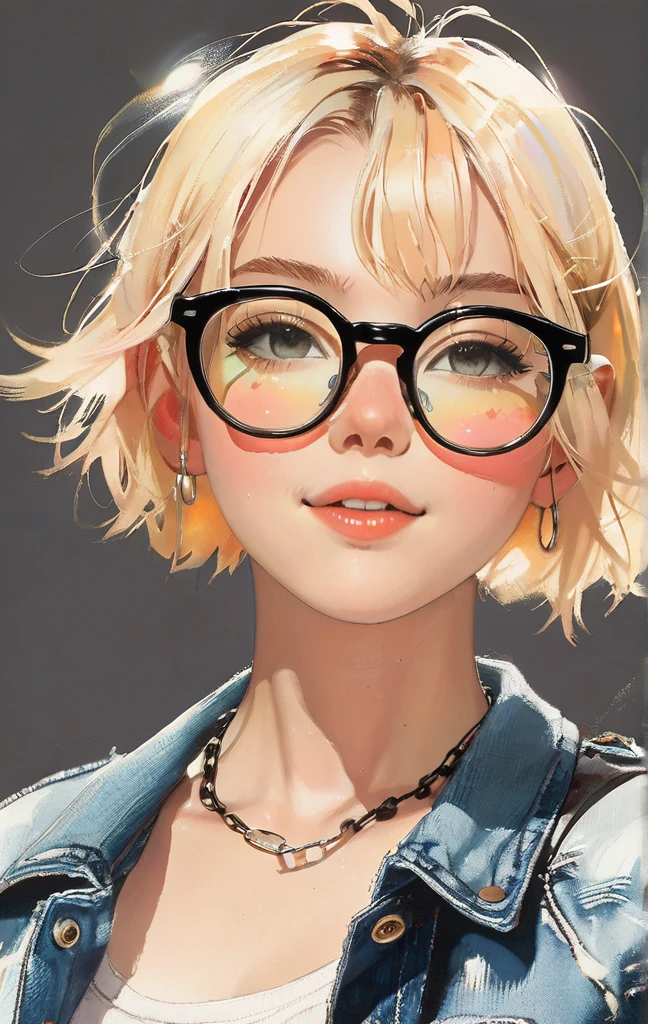 ハーレーDavidson, riding, American casual, blonde, short hair, black-rimmed glasses, 