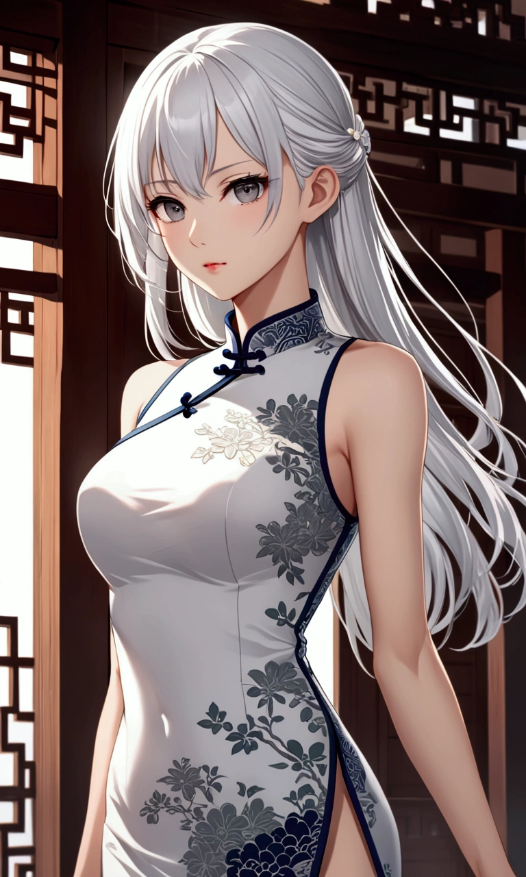 woman ,Golden-white hair,blue eyes,Black cheongsam