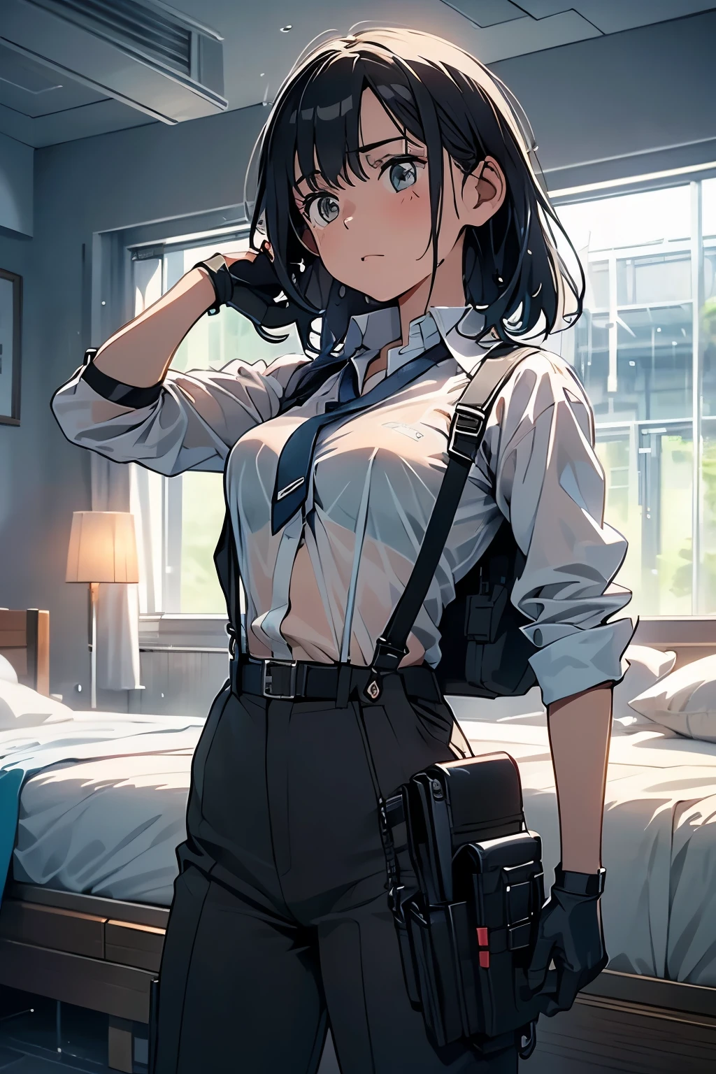 1 female, , high quality, masterpiece, Ultra-high resolution, , Cinema Lighting, , , And the suspenders with the cranes flying Moderate breasts Small face holster Lying in bed Looking up Sweat belt summer 脇Sweat Black Hole Gloves suit shirt Black jacket Black trousers Leg Links ズボンにbelt holster Hands behind your back Anxious expression Looking up Anxious face, legs apart