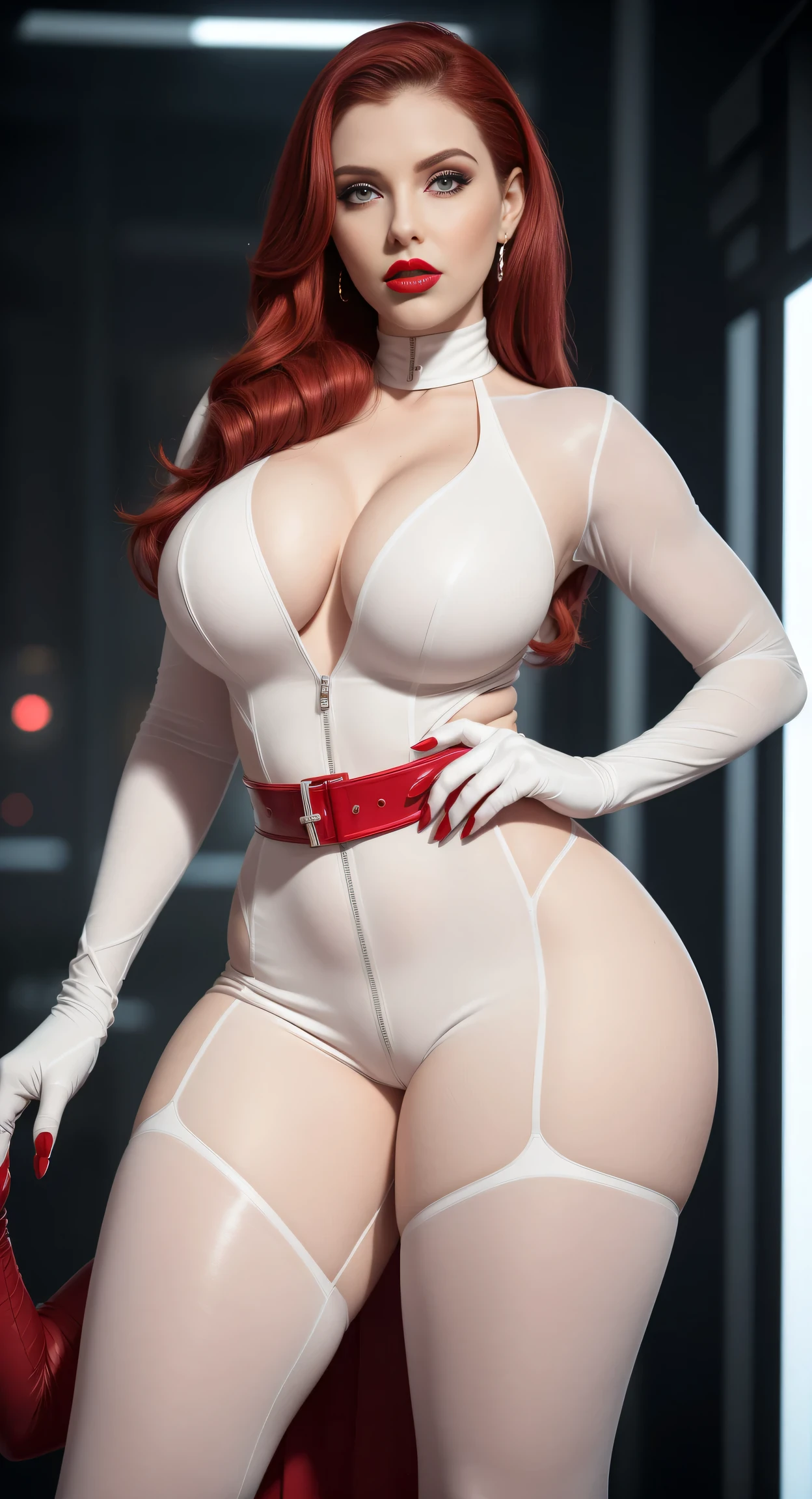 stunning woman in a white jumpsuit with red belt and red gloves, of power, giant and impressive photo of the goddess, amouranth as a super villain, complete-, thick construction, thick body, like a retro futuristic supervillain, elegant glamorous , , voluptuous body, announcement , , ((Olhos e very highly detailed faces)))), (((very highly detailed face)))), beautiful detailed eyes, voluptuous, big-ass, whole body, ,(lipstick, Red lips, bright red lips, thick lips), Detailed chart