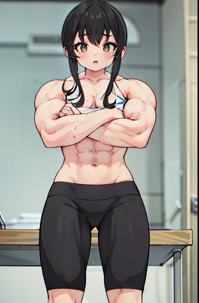 1 cute muscular girl,Has short black hair,coordination,Strong arms,Eight-pack abs,whole body,Blue veins,Muscular legs,Bodybuilder