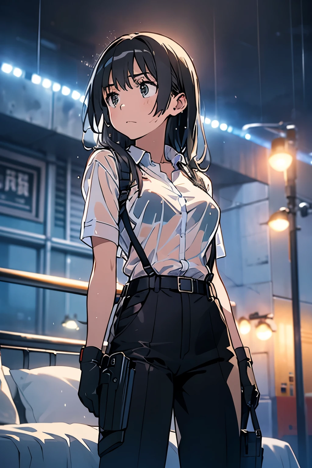 1 female, , high quality, masterpiece, Ultra-high resolution, , Cinema Lighting, , , And the suspenders with the cranes flying　　　Large Breasts　 　 　　　　Small face　 　　　holster　　　　　　　 Lying in bed　Looking up　　　　Sweat 　　　belt　summer　脇Sweat 　Black Hole Gloves　suit　shirt　　Black jacket　 Black trousers　Leg Links　ズボンにbelt　　holster　 　　Hands behind your back　 Anxious expression　Looking up　Anxious face, legs apart　Armament　Handgun　handcuffs　Cable ties　レッグholster　holster　See-through clothing　heavy rain　Getting wet in the rain