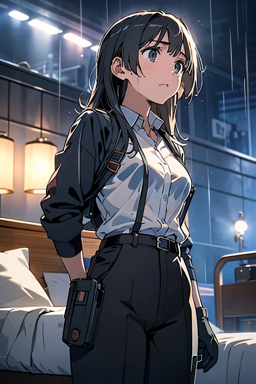 1 female, , high quality, masterpiece, Ultra-high resolution, , Cinema Lighting, , , And the suspenders with the cranes flying Large Breasts Small face holster Lying in bed Looking up Sweat belt summer 脇Sweat Black Hole Gloves suit shirt Black jacket Black trousers Leg Links ズボンにbelt holster Hands behind your back Anxious expression Looking up Anxious face, legs apart Armament Handgun handcuffs Cable ties レッグholster holster See-through clothing heavy rain Getting wet in the rain