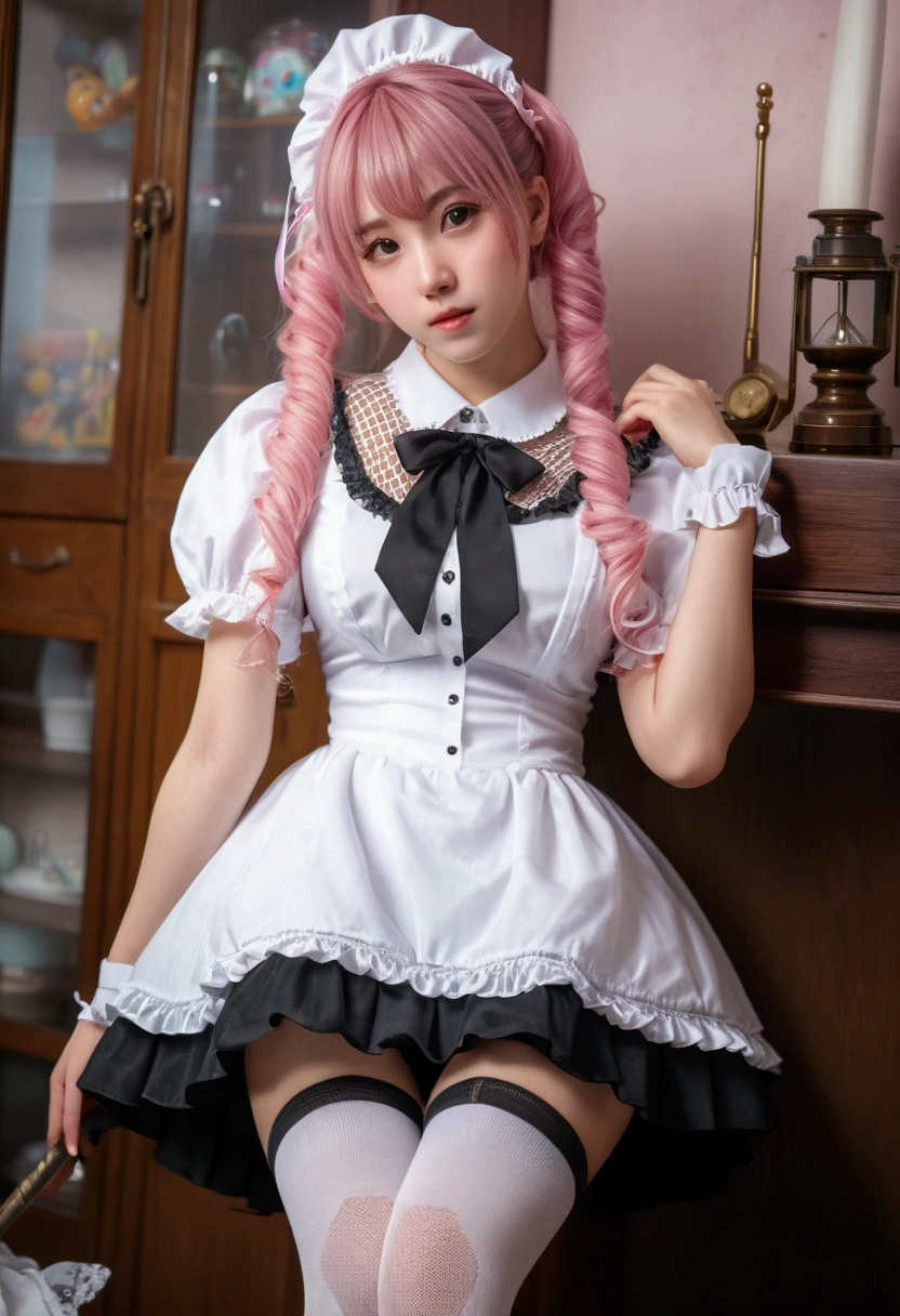 (wearing Fishnet bodystocking :1.3),(Pink Hair :1.3),Mature Woman、Pink Hair、Light grey hair、((Two-tone hair))、White ta dress with delicate pink decoration、Slender women、Cute Woman、 8K Ultra HD,Detailed face、Delicate texture, Long Hair、(software), (((Blunt bangs)))、(((Drill Hair)))、(ribbon, Maid, Knee-high socks:1.3), Aside Cutter Shirt, Frilled Skirt、((Ethnic Loli、A room in a Western-style building、((Delicate photo)),(Girl Astepeace RAW Photo Details:1.25), (Highest quality:1.6), (Ultra-high resolution:1.5), (Realistic:1.75), 8k resolution, Canon EOS R5, 50mm, Absurd, Very detailed,Cinema Lighting、((stuffed toy:1.25))、(Spread your legs)、Ample breasts, Do not publish