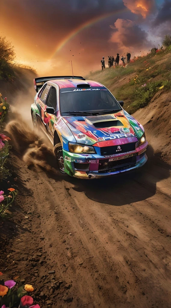 arafed car driving on dirt road with rainbow painted on it, rally car, rally driving photo, official artwork, profile picture 1024px, ultra-realistic graphics, cover shot, vibrant and powerful, [ 4 k photorealism ], off - road, promo art, hyperdetailed!, new ai race, ((((dirt brick road)))), desktop background