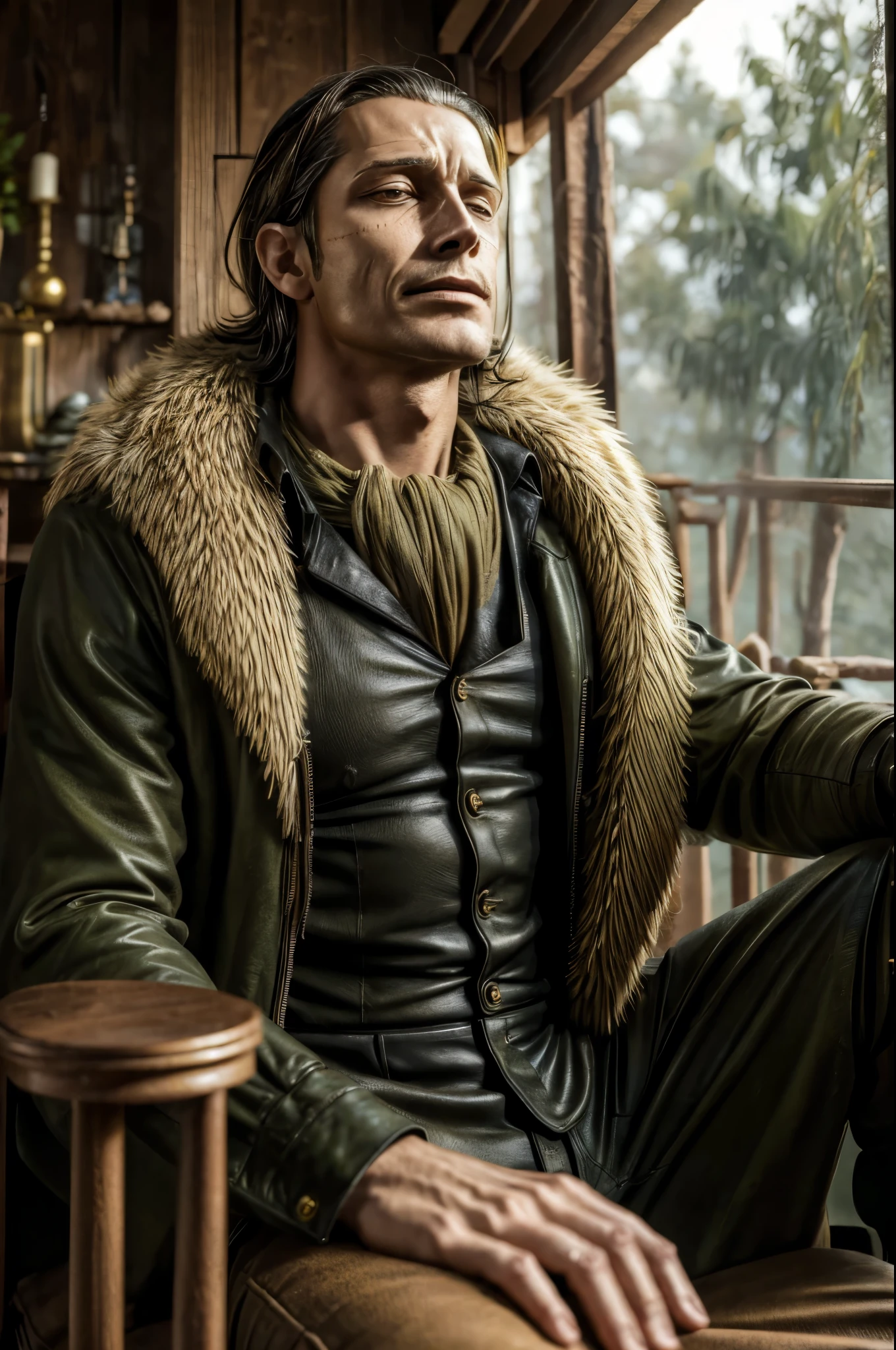 masterpiece, best quality, extremely detailed, hyperrealistic, photorealistic, a cool 40s man, ultra detailed face:1.2, fur-trimmed coat, scarf around the neck, his left hand is a golden pirate hook:1.1, cigar, wide shot, from below, living room, outside is jungle, heavy rain, sitting, serene, dynamic angle
