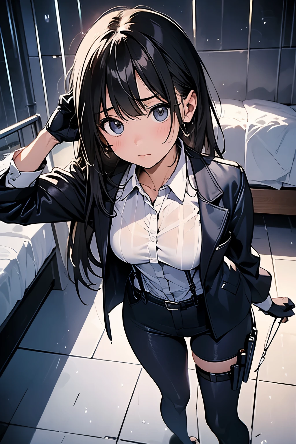 1 female, , high quality, masterpiece, Ultra-high resolution, , Cinema Lighting, , , And the suspenders with the cranes flying Large Breasts Small face holster Lying in bed Looking up Sweat belt summer 脇Sweat Black Hole Gloves suit shirt Black jacket Black trousers Leg Links ズボンにbelt holster Hands behind your back Anxious expression Looking up Anxious face, legs apart Armament Handgun handcuffs Cable ties レッグholster holster See-through clothing heavy rain Getting wet in the rain