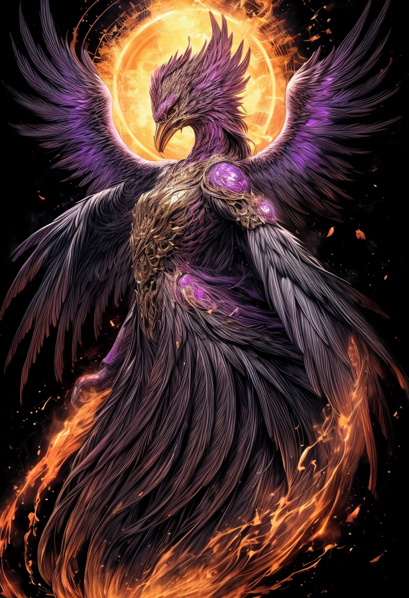 rooster mask creature, druid style, purple and black colors, casting spell pose, full body, Animal Anthropomorphism, realistic digital, humanoid, abstract background, global illumination, intricate, epic, dramatic, masterpiece, high detail, best quality, ultra high res
