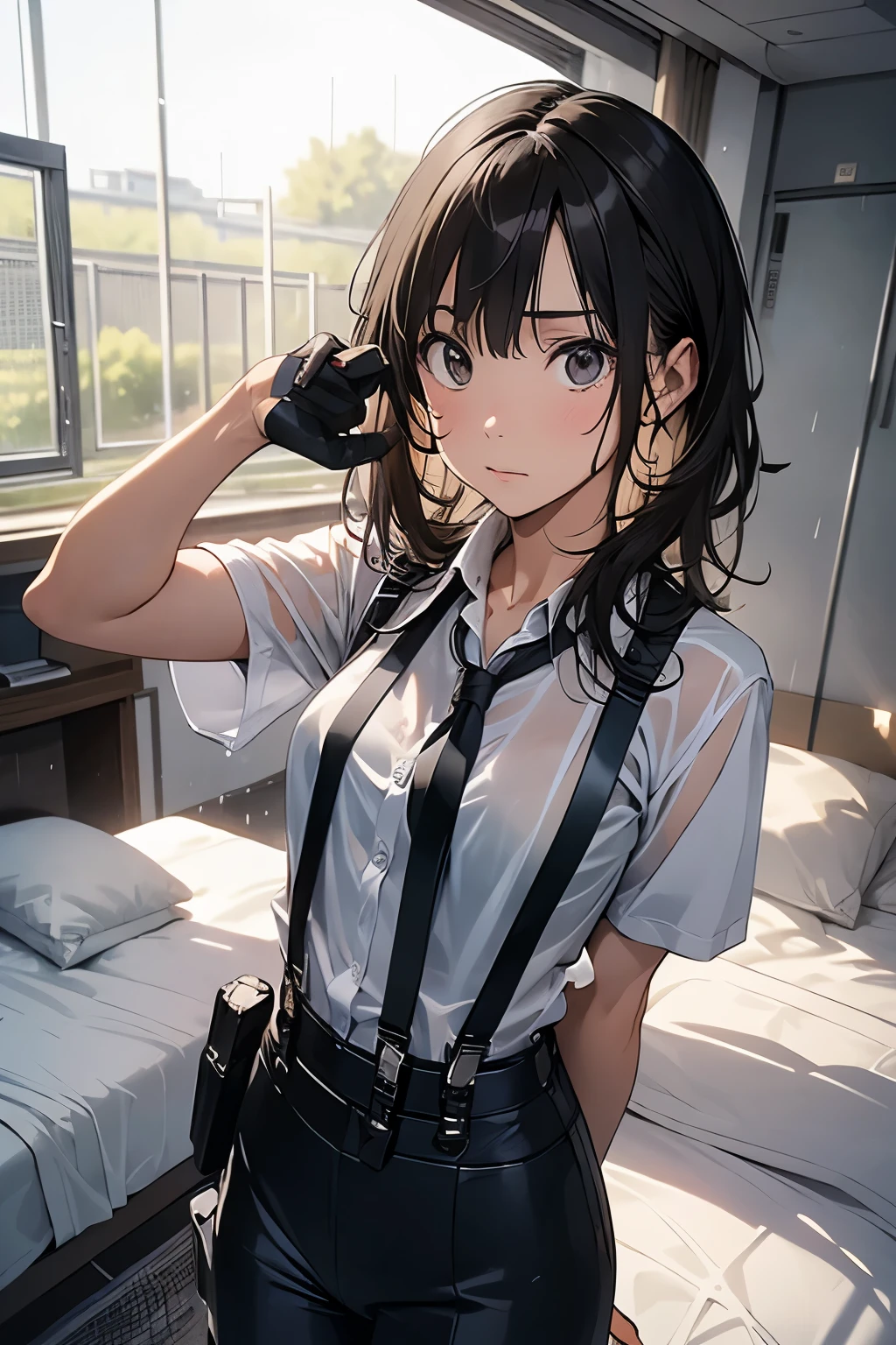 1 female, , high quality, masterpiece, Ultra-high resolution, , Cinema Lighting, , , And the suspenders with the cranes flying　　　Large Breasts　 　 　　　　Small face　 　　　holster　　　　　　　 Lying in bed　Looking up　　　　Sweat 　　　belt　summer　脇Sweat 　Black Hole Gloves　suit　shirt　　Black jacket　 Black trousers　Leg Links　ズボンにbelt　　holster　 　　Hands behind your back　 Anxious expression　Looking up　Anxious face, legs apart　Armament　Handgun　handcuffs　Cable ties　レッグholster　holster　See-through clothing　heavy rain　Getting wet in the rain