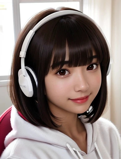 G is, One Girl, Detailed skin, View your viewers, Brown eyes, (Bob hair with bangs:1.2), (Medium Chest:1.0), (Central areola:0.8),
(Realistic:1.4), (highest quality:1.0), (Ultra-high resolution:1.0), 8k, RAW Photos, (masterpiece:0.2), (Pyros Face_v1:0.5), White fluffy hoodie, White gaming chair, headphone, Little and cute girl,Geeky, Small devil, Shy smile, Pink Room, Huge breasts, mesh, Inner Color