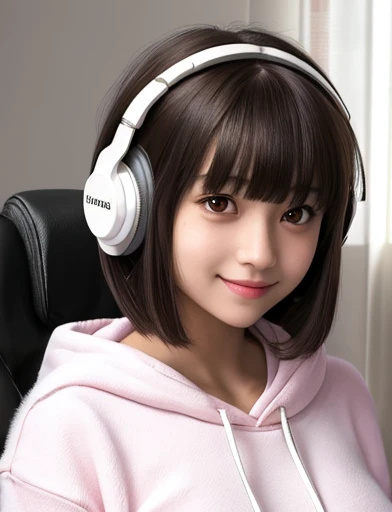 G is, One Girl, Detailed skin, View your viewers, Brown eyes, (Bob hair with bangs:1.2), (Medium Chest:1.0), (Central areola:0.8),
(Realistic:1.4), (highest quality:1.0), (Ultra-high resolution:1.0), 8k, RAW Photos, (masterpiece:0.2), (Pyros Face_v1:0.5), White fluffy hoodie, White gaming chair, headphone, Little and cute girl,Geeky, Small devil, Shy smile, Pink Room, Huge breasts, mesh, Inner Color