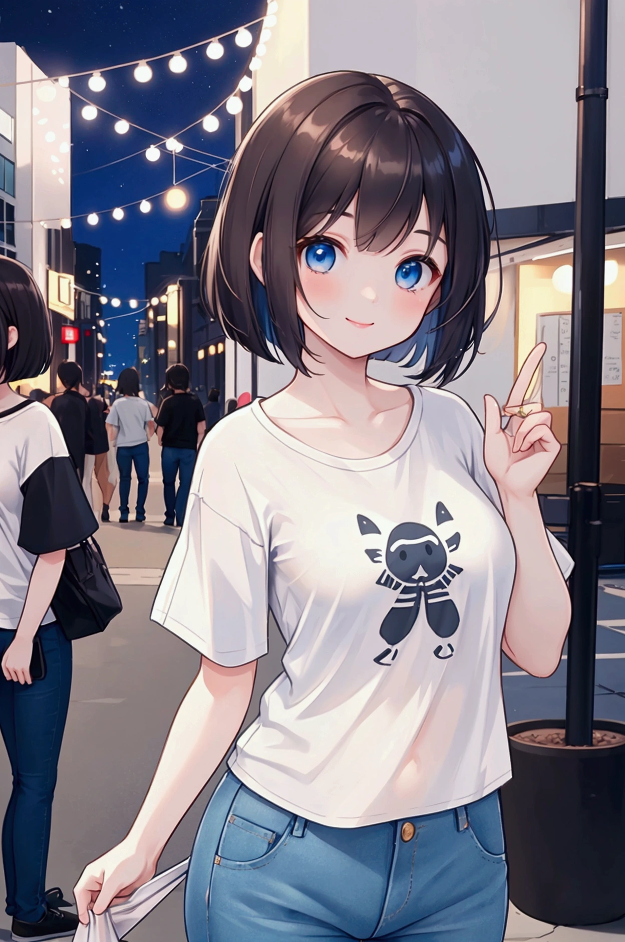 Photorealistic、Highest quality、Highest Resolution、Highest quality、16Ｋ、One beautiful woman、Cute face、Delicate face、Bob cut hair、Dark Hair Color、Pale blue eyes、Beautiful breasts、Casual T-shirts、Casual skinny pants、night、In the city、smile、looks fun、