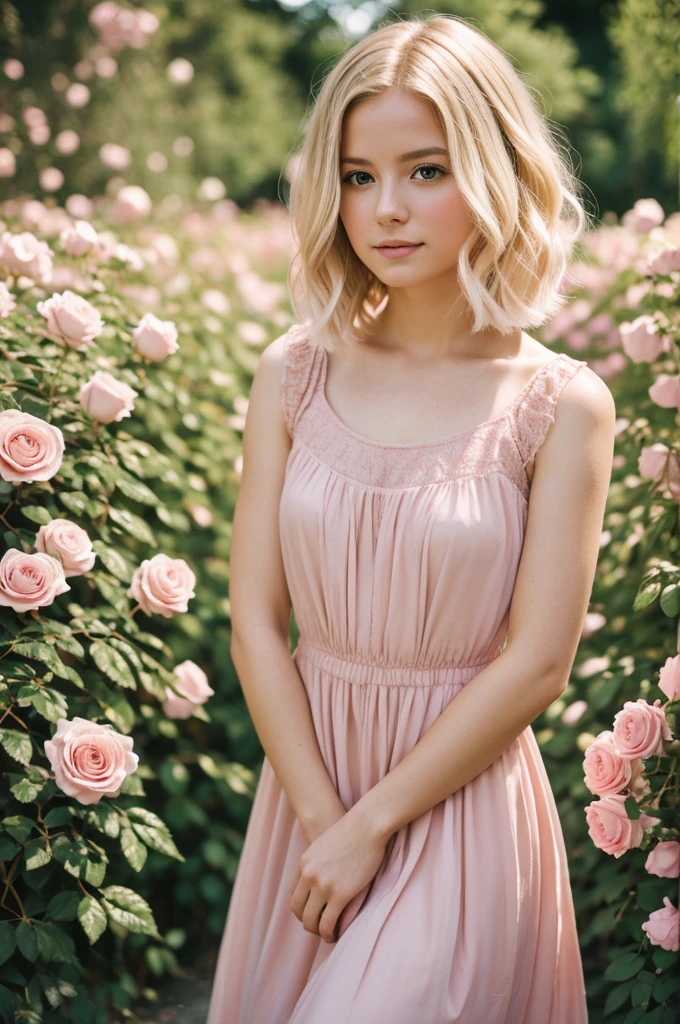 8k, RAW photo, Fujifilm, style photo of a beautiful young woman as avril in a garden of light pink roses (highly detailed skin: 1.2) Style-Petal BREAK short hair, blonde hair with colored locks, wearing a dress, film granulation, 35mm, cute style