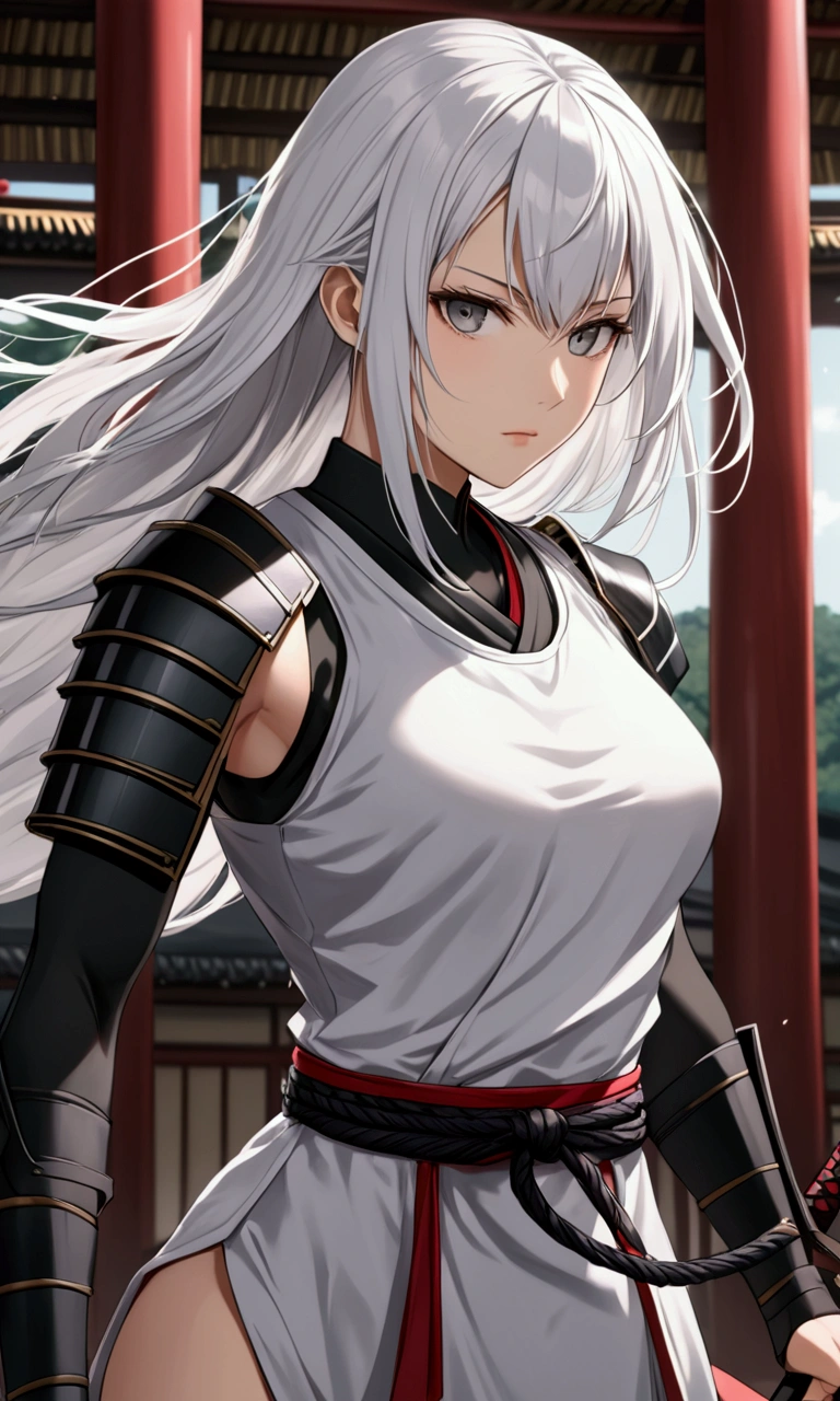 A girl with long elegant white hair, determined grey eyes, fair skin tone, slender and athletic built, average height body, samurai fit, detailed eyes, detailed body, long shot, 8k high-res best quality.
