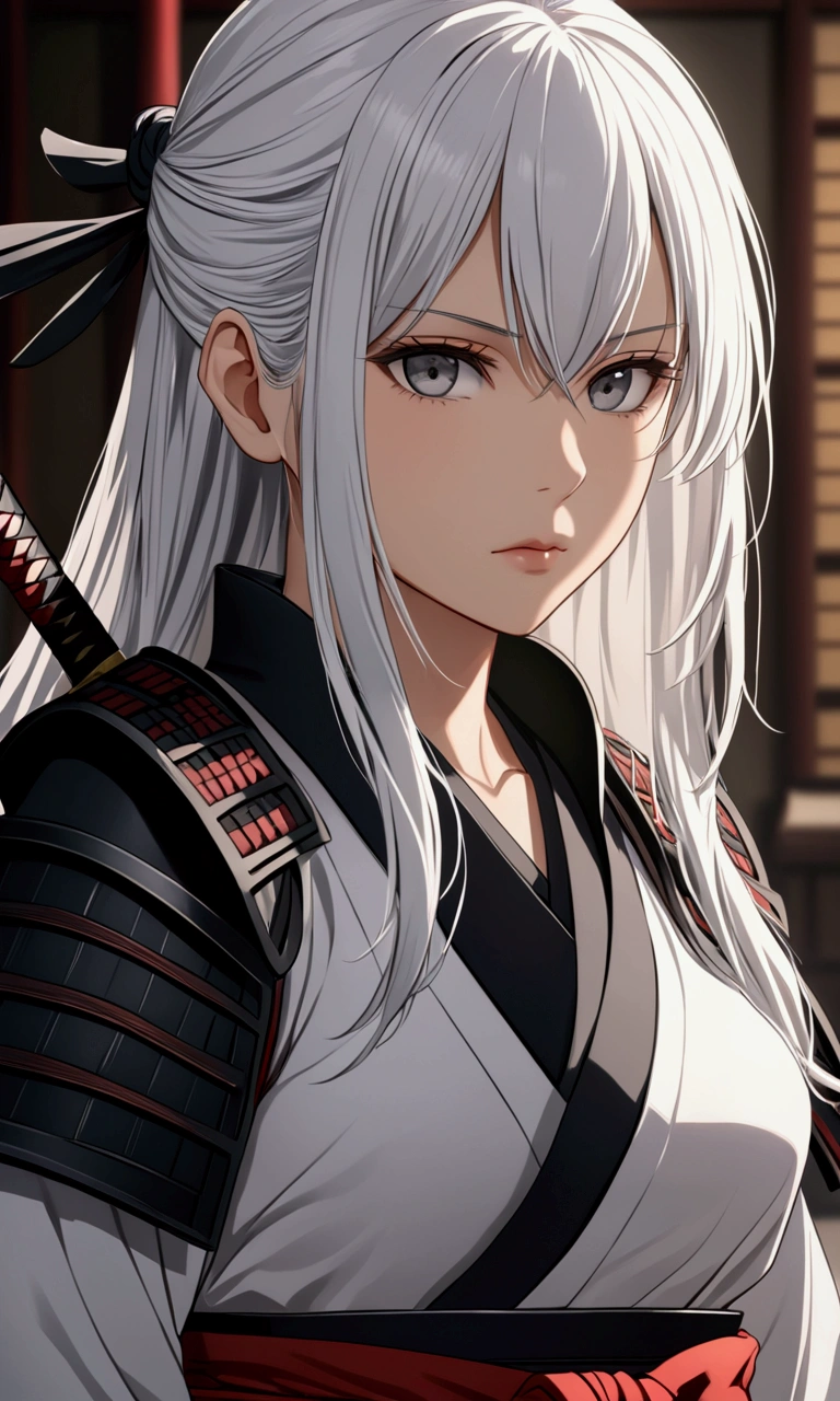 A girl with long elegant white hair, determined grey eyes, fair skin tone, slender and athletic built, average height body, samurai fit, detailed eyes, detailed body, long shot, 8k high-res best quality.
