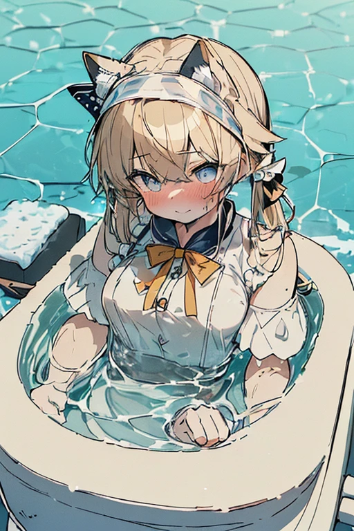 (Ultra high quality:1.6), (Highest quality:1.4), (Attention to detail:1.4), (Ultra-high resolution:1.6), (Detailed face:1.4), (Perfect Face:1,4), (Beautiful Eyes:1,6), (Detailed eyes:1.6), (Maid clothes, White apron, Headband, Black Dress, Blue ribbon, Maid clothes, Classic, Long:1.4), (白と黒のMaid clothes:1.6), (Blonde, Blue Eyes, Cat ear:1.5), cute, The best smile, Soaking wet, (Water droplets all over the body, 全身White foamまみれ:1.4), (Swimming in clothes, bathing, Bathroom, Bathtub:1.6), (relax, Extremely relaxing:1.6), (Bubble bath:1.4, White foam:1.4), (衣服のままBathtubに浸かる, Submersion:1.6), (胸までSubmersion:1.6), 衣服にもWhite foam, つま先から胸までSubmersion, White bubble