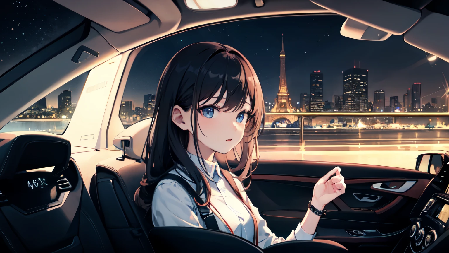 ((Highest quality)), ((masterpiece)), (detailed), girl,high speed,Night view,Car window,Tour,drive,Light,