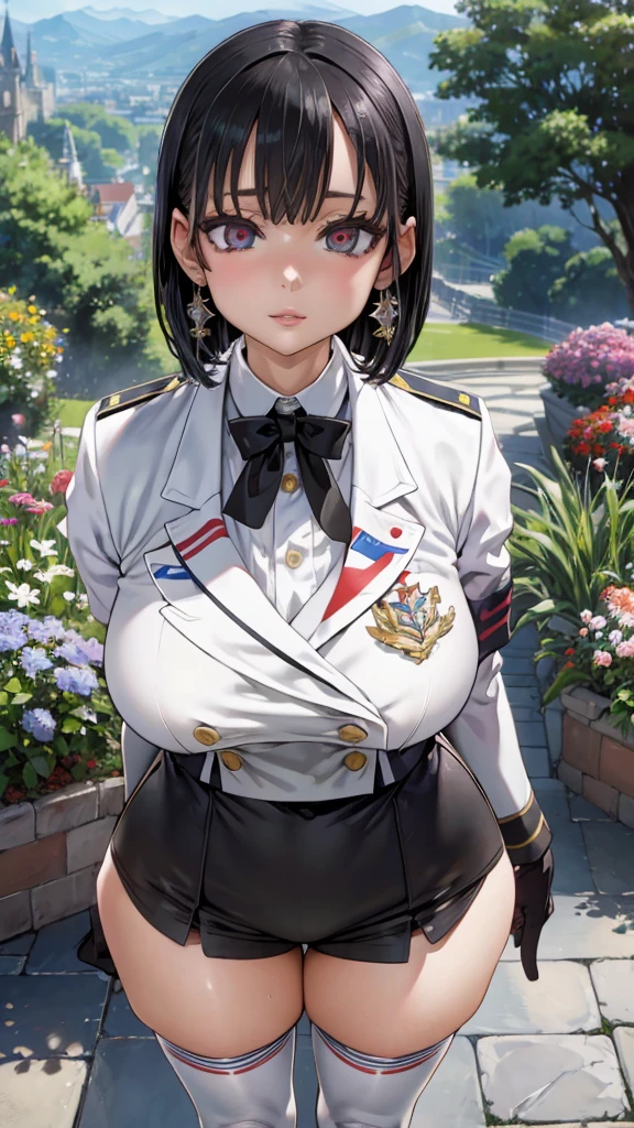 Face Focus , ((Highest quality)), ((Tabletop)), Perfect Face, （((White knee-highs))) ,   Official Art,Black knee-high socks,Beautiful Face,Standing posture,White tights,((((Thick thighs)))),short hair,Black Hair,Plump,((((uniform)))),((((Black gloves)))),Earrings,(Huge breasts),Standing posture,valley,Shorts,blue sky,Outdoor,garden,Red Eyes,Estrus,Sweat,See-through