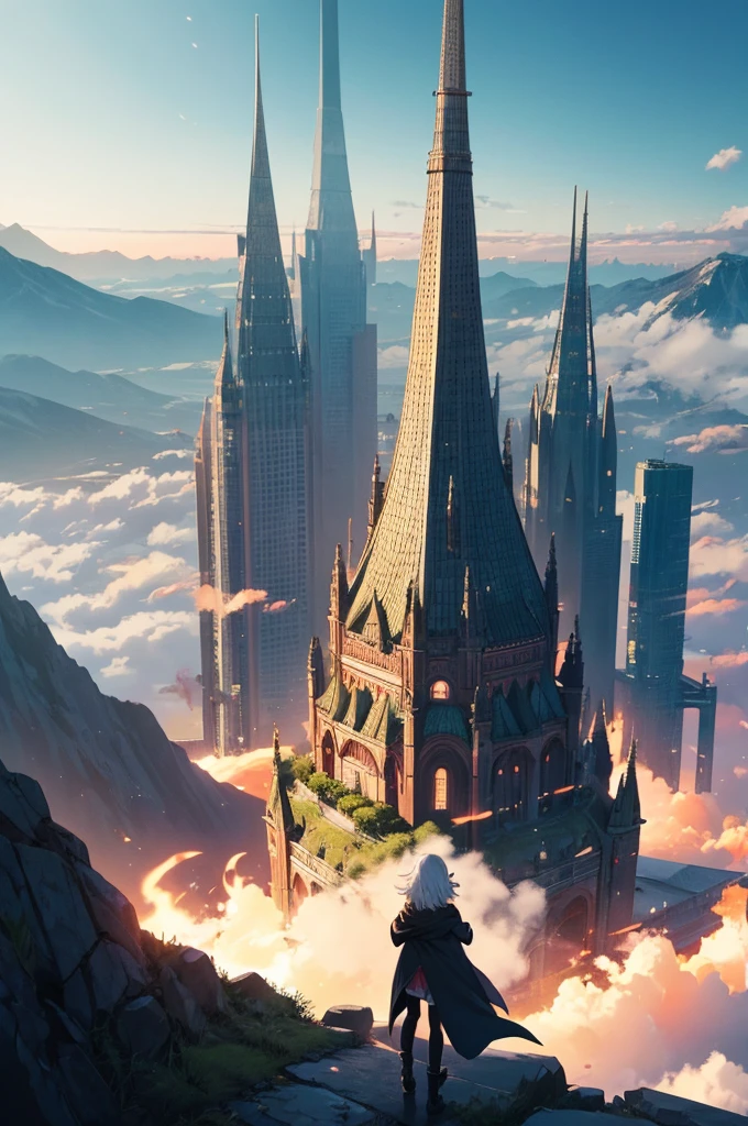 anime girl,bright eyes,cape,Hood removed,Two colored hair,the forest,mountain,Tower,На backgroundе Огромный мир с Бескрайним горизонтом,Flame Envelops the Tower,4K wallpaper,Art wallpaper Anime,background