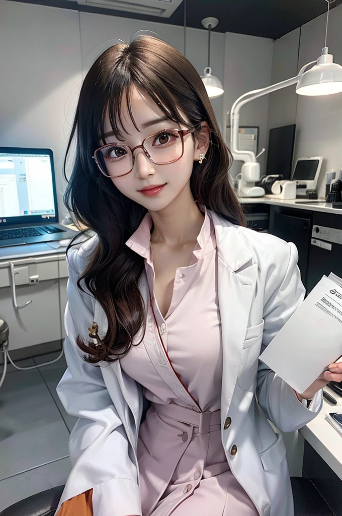 ((highest quality、table top、8k、best image quality、hyper realism、software))、(One 30 year old beauty:1.1)、1 woman wearing a white coat、female scientists、standing in a university laboratory、(Classy glasses:1.1)、(detailed medicine cabinet:1.3)、perfect anatomy、shirt and white coat、cleavage、look at me and smile、upper body photo、long hair、bright lighting、The most detailed and complex laboratory background、Ultra high definition beauty face、ultra high definition hair、Super high-definition sparkling eyes、(Super high resolution glossy white skin:1.1)、Super high resolution glossy lips