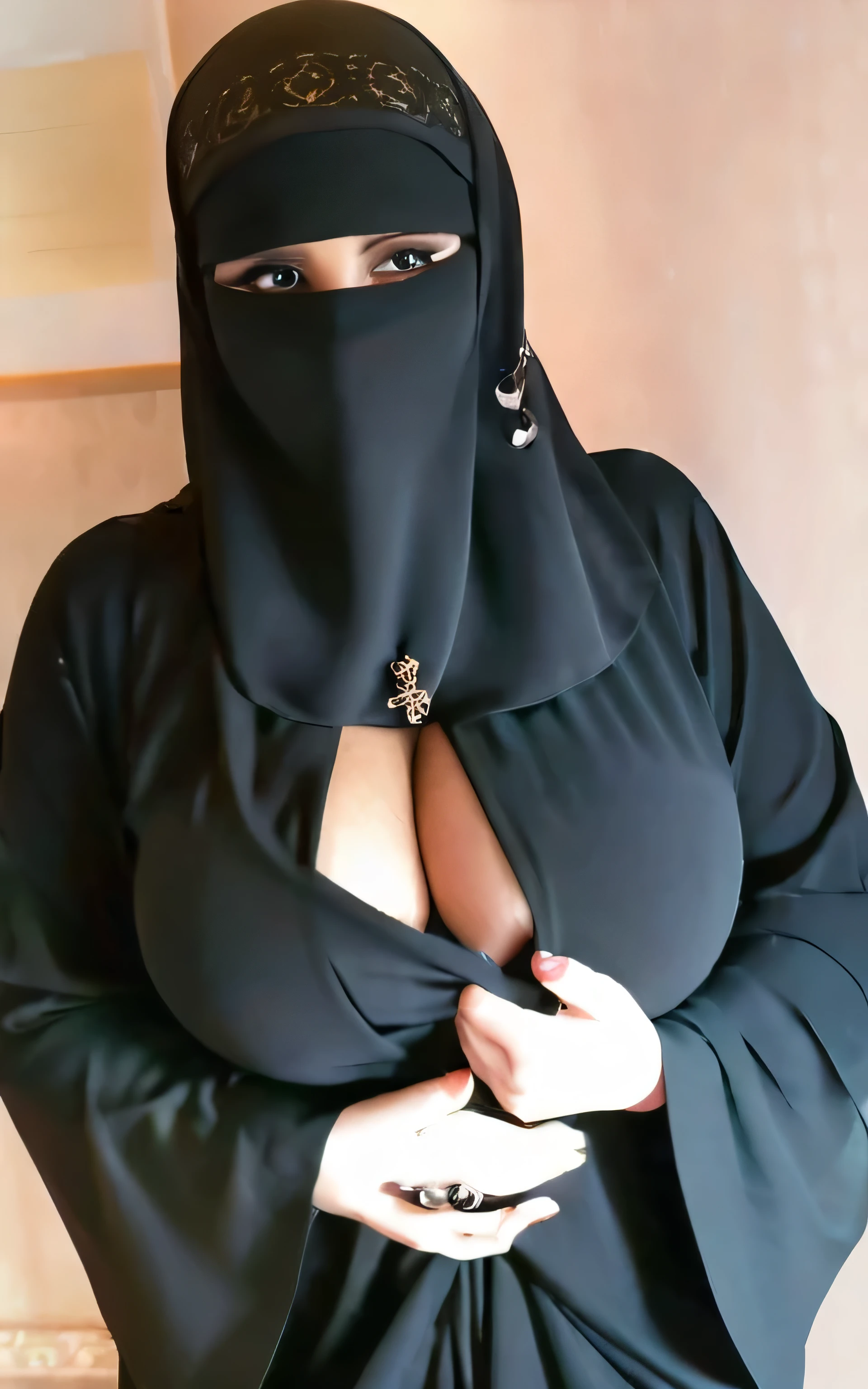 8K, high quality, nice lighting, soft lighting, realistic, dark eyes, sexy, big breasts, thighs, wide hips, arabic dress, black dress, Jewelry, sexy lady, asian, hijab, niqab, sexy pose, showing big thighs, nice body, natural largest breast, wearing rings for woman, office girl, sexy posing,