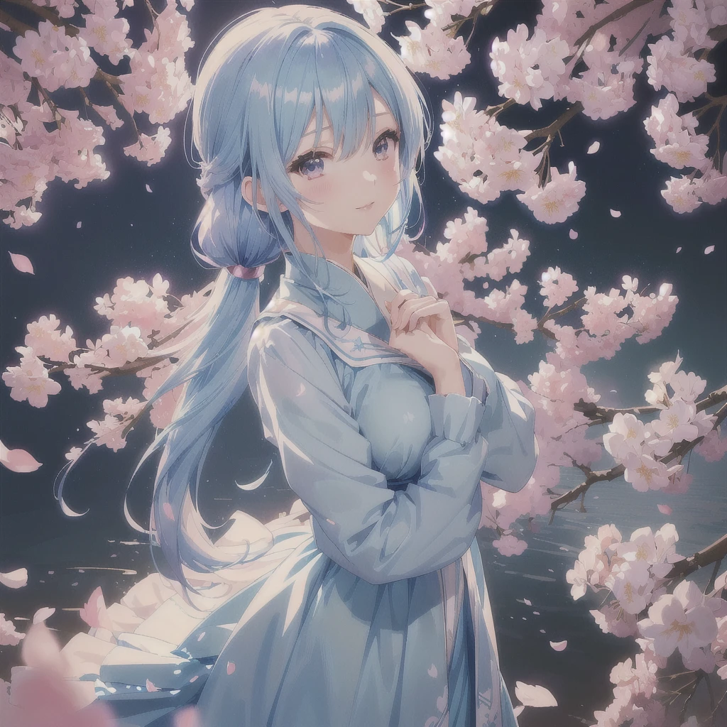 Anime girl with blue hair and a blue dress posing in front of cherry blossoms, Anime Style 4k, Anime Art Wallpapers 8K, Young Anime Girl, anime art wallpaper 4k, anime art wallpaper 4k, Cute anime waifu in a nice dress, anime wallpaper 4k, anime wallpaper 4k, Beautiful Anime Girls, Beautiful anime portraits, Cute Anime Girl Portrait