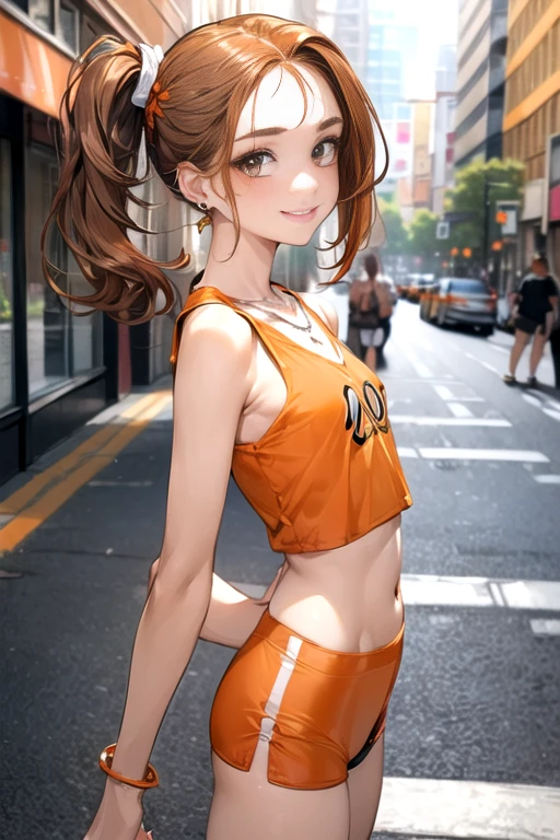 (masterpiece, best quality:1.6), 
(random sexy pose),(cute and symmetrical face),
perfecteyes, beautiful orange eyes, 

(20 years old:1.5),(cute idol), (cute smile:1.5), woman studying art, Fashion Model, (make-up face), glossy lips, Makeup that emphasizes the eyes, well-groomed eyebrows, (Glossy smooth hair, Light ash brown hair color, Orange Hair Extensions, side ponytail hairstyle:1.8), model body, slim figure, ((small breasts, flat chest)), (bright, cheerful, friendly woman:1.2), black denim shorts, colorful T-shirt, Oversized T-shirt, Cropped T-shirts, bare belly button, loose socks, black baggy socks, colorful sneakers, 

(orange sexy Lingerie, thin panties), 

 (Silver ring, colorful earrings, Multiple Piercings,multiple necklaces, bright orange charm necklace, Bold silver bangles, wearing many bangles), 

(daytime, A busy street:1.3, wide angle and depth of field), 

official art, raw photo, incredibly absurdres, facelight, dynamic lighting, cinematic lighting, ultra realistic, highres, photography, sharp focus, highest detailed, extreme detailed, ultra detailed, finely detail, extremely detailed eyes and face,