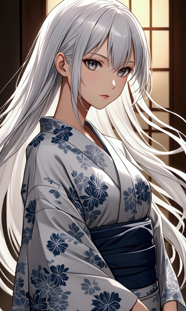 A girl with long elegant white hair, determined grey eyes, fair skin tone, slender and athletic built, average height body, yukata, detailed eyes, detailed body, long shot, 8k high-res best quality.