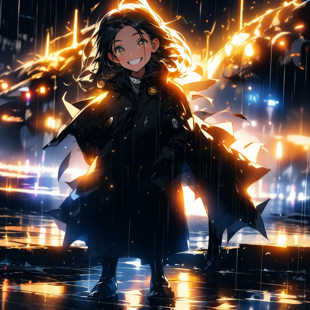 A girl having fun in the rain wearing black boots and a black rain coat smiling brightly. (Light particles) light reflection. Golden eyes and dark blue hairs