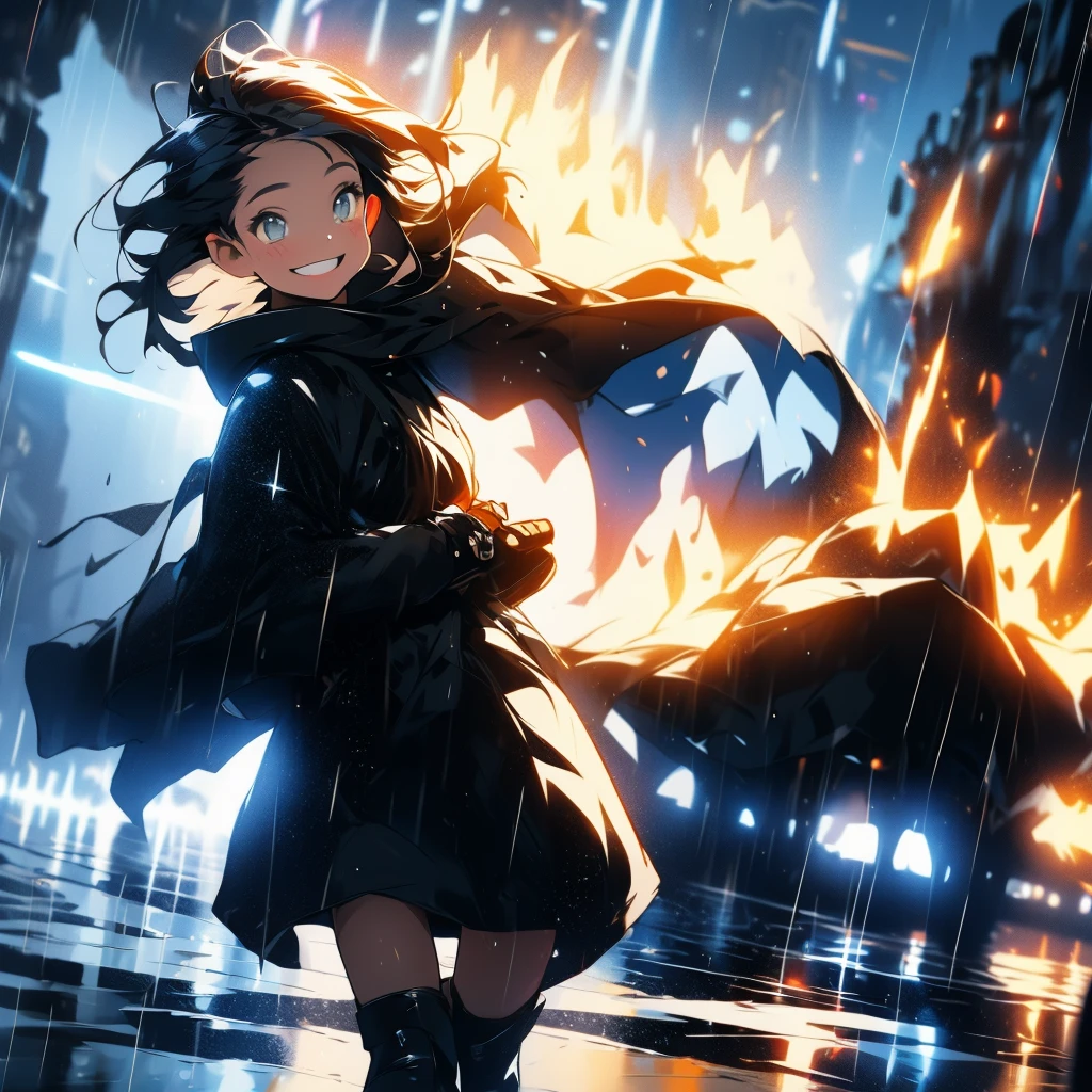 A girl having fun in the rain wearing black boots and a black rain coat smiling brightly. (Light particles) light reflection. Golden eyes and dark blue hairs