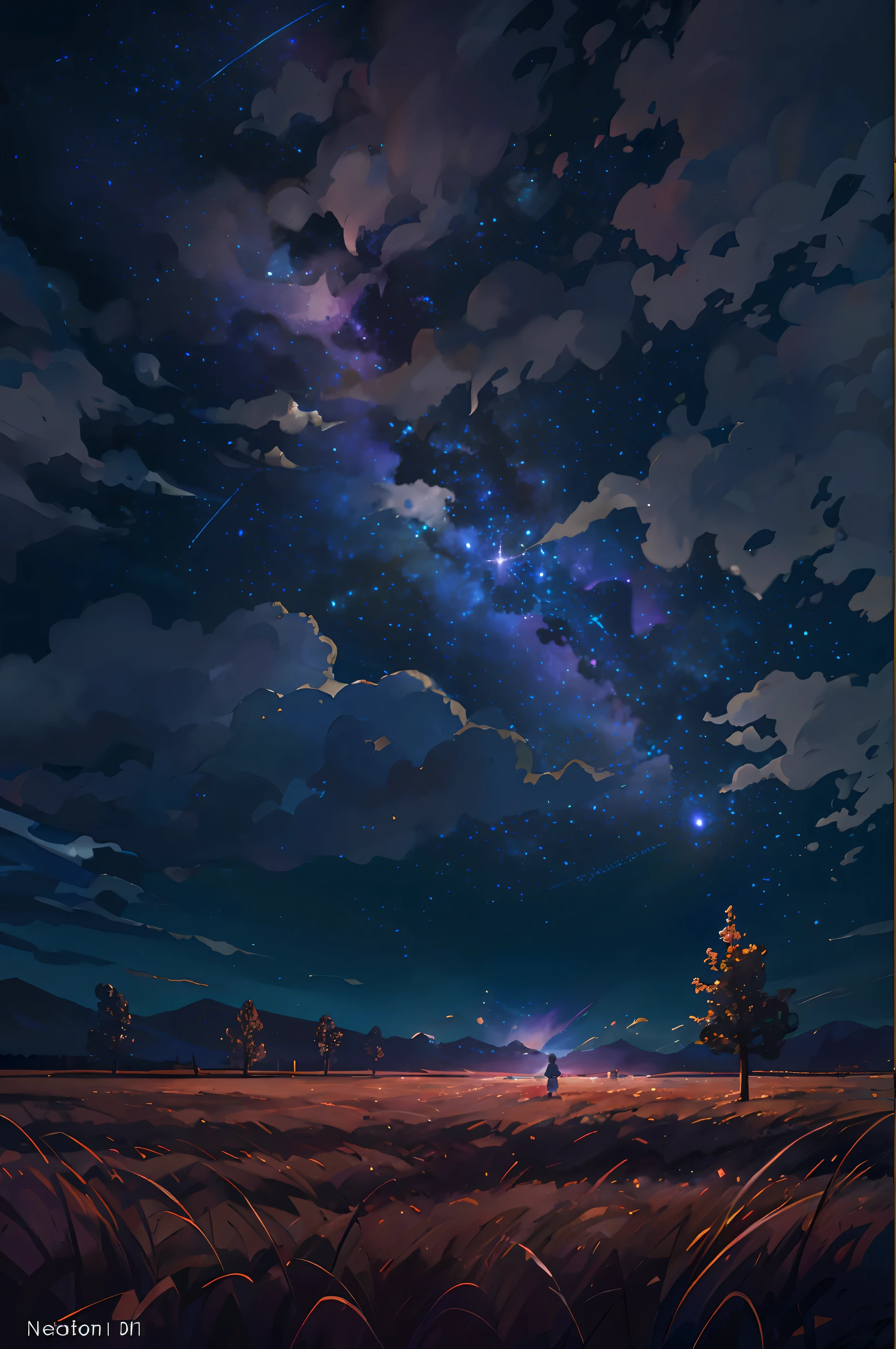 Starry Night Sky,There is a golden wheat field,Wheat swells,There are countless Kongming lanterns in the sky,Incredibly beautiful,It's like art,The background is the endless universe,The sky of the universe。By Makoto Shinkai,Starry Sky 8 K,calm evening。digital illustrations, Anime background art, 4k anime wallpapers, beautiful anime scenes, starrysky, moonlit starry sky environment, Anime art wallpaper 8 K, Anime art wallpaper 4k,Little boy and ,siluette,Paper lantern in hand