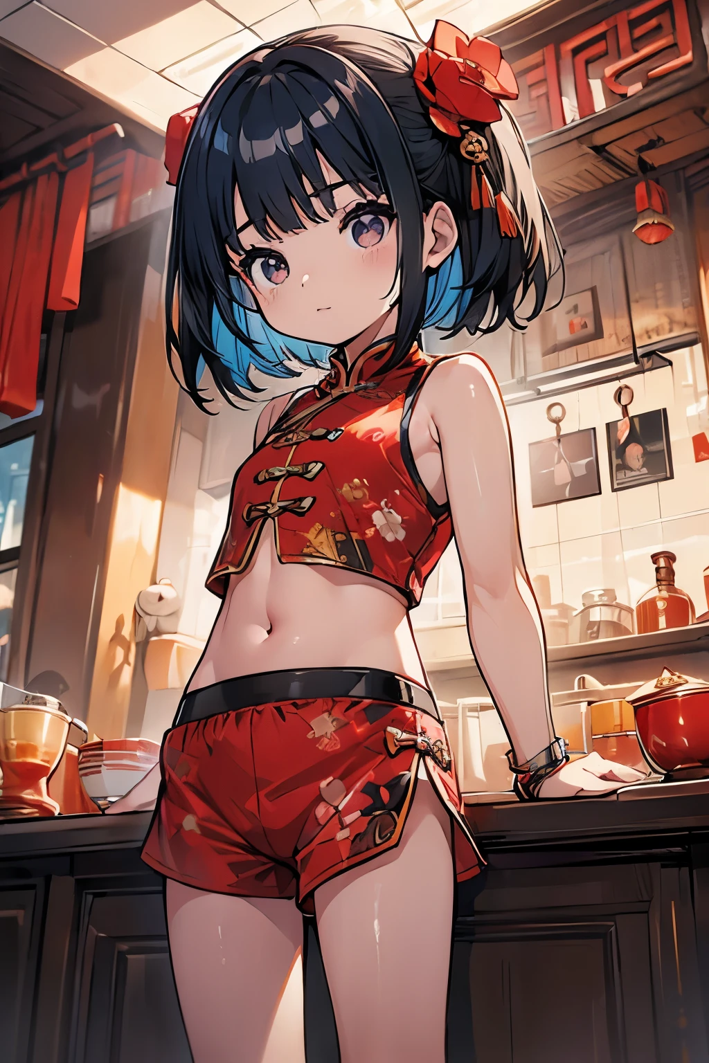 、(:1.5)、belly button、(stomach:1.3)、cute、Shorts、Red Chinese Dress、battle