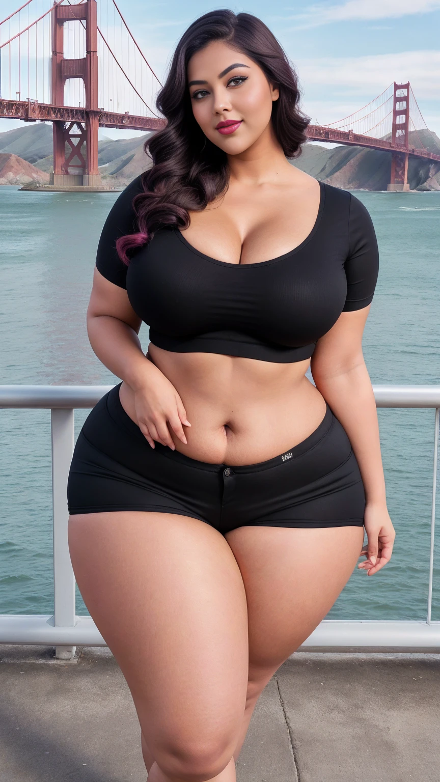 gorgeous curvy plus size Indian bengali actress ritavori , glowing eyes, wearing SHEIN Young Boy Spider Print Short Sleeve T-Shirt And Shorts Set With Bag Color: Red , covered Bust, parted lips, blushing cheeks, thick thighs, bigger waist, busty, curvy plus size body, full body, full body shot, head to toe view, smoothning burgendy color hair with pfrench braid hairstyle, hourglass body, curvy plus size body, smile face, bigger waist, busty, big hips, fleshy thighs, thick thighs, busty, full body view, ultra detail, high resolution, ultra detailed, best quality, amazing, top quality, extremely detailed CG unity 8k wallpaper, full body view, Golden Gate Bridge, San Francisco, USA: Iconic suspension bridge with scenic views