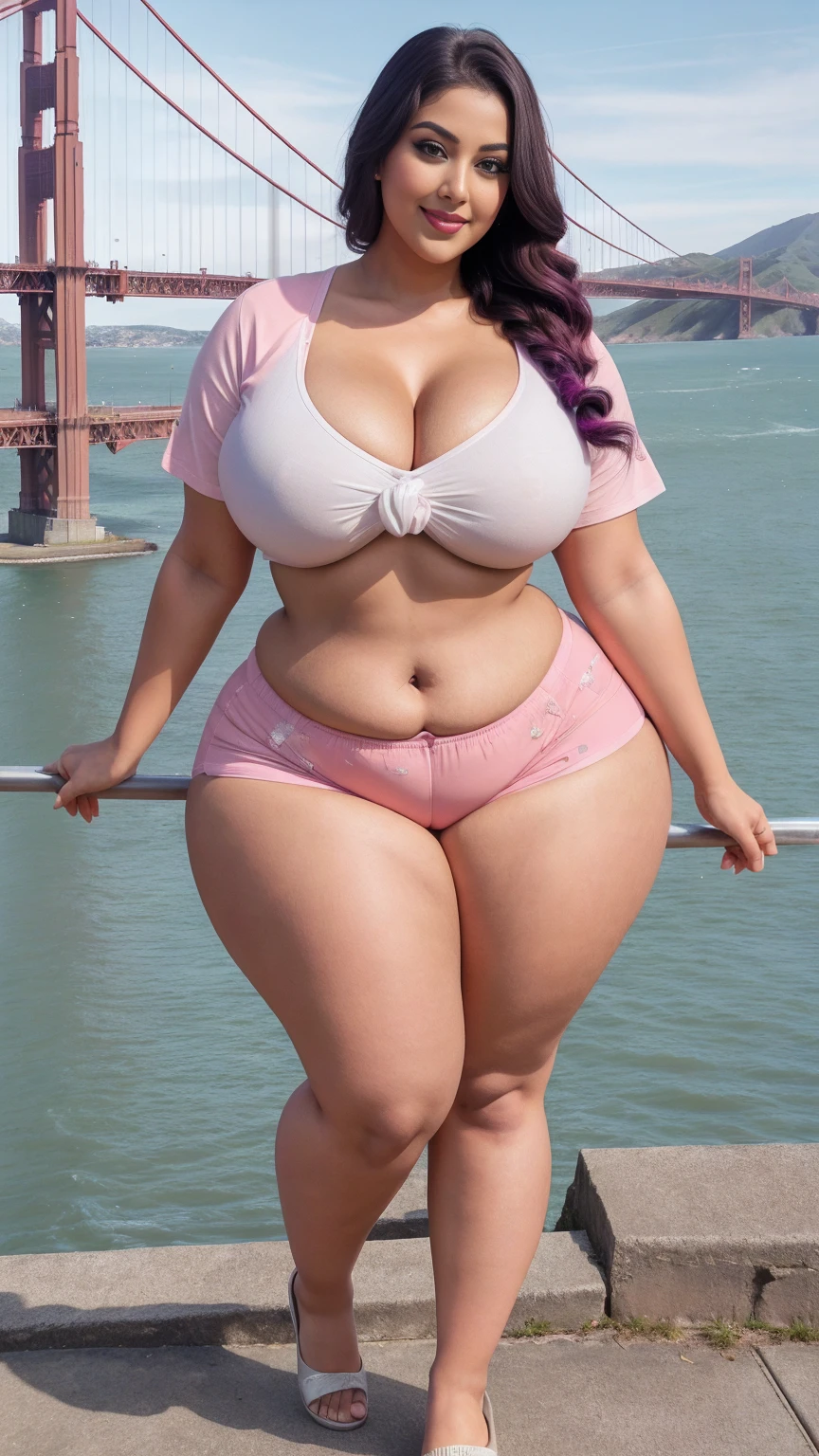 gorgeous curvy plus size Indian bengali actress ritavori , glowing eyes, wearing SHEIN Young Boy Spider Print Short Sleeve T-Shirt And Shorts Set With Bag  Color: Red , covered Bust, parted lips, blushing cheeks, thick thighs, bigger waist, busty, curvy plus size body, full body, full body shot, head to toe view, smoothning burgendy color hair with pfrench braid hairstyle, hourglass body, curvy plus size body, smile face, bigger waist, busty, big hips, fleshy thighs, thick thighs, busty, full body view, ultra detail, high resolution, ultra detailed, best quality, amazing, top quality, extremely detailed CG unity 8k wallpaper, full body view, Golden Gate Bridge, San Francisco, USA: Iconic suspension bridge with scenic views

