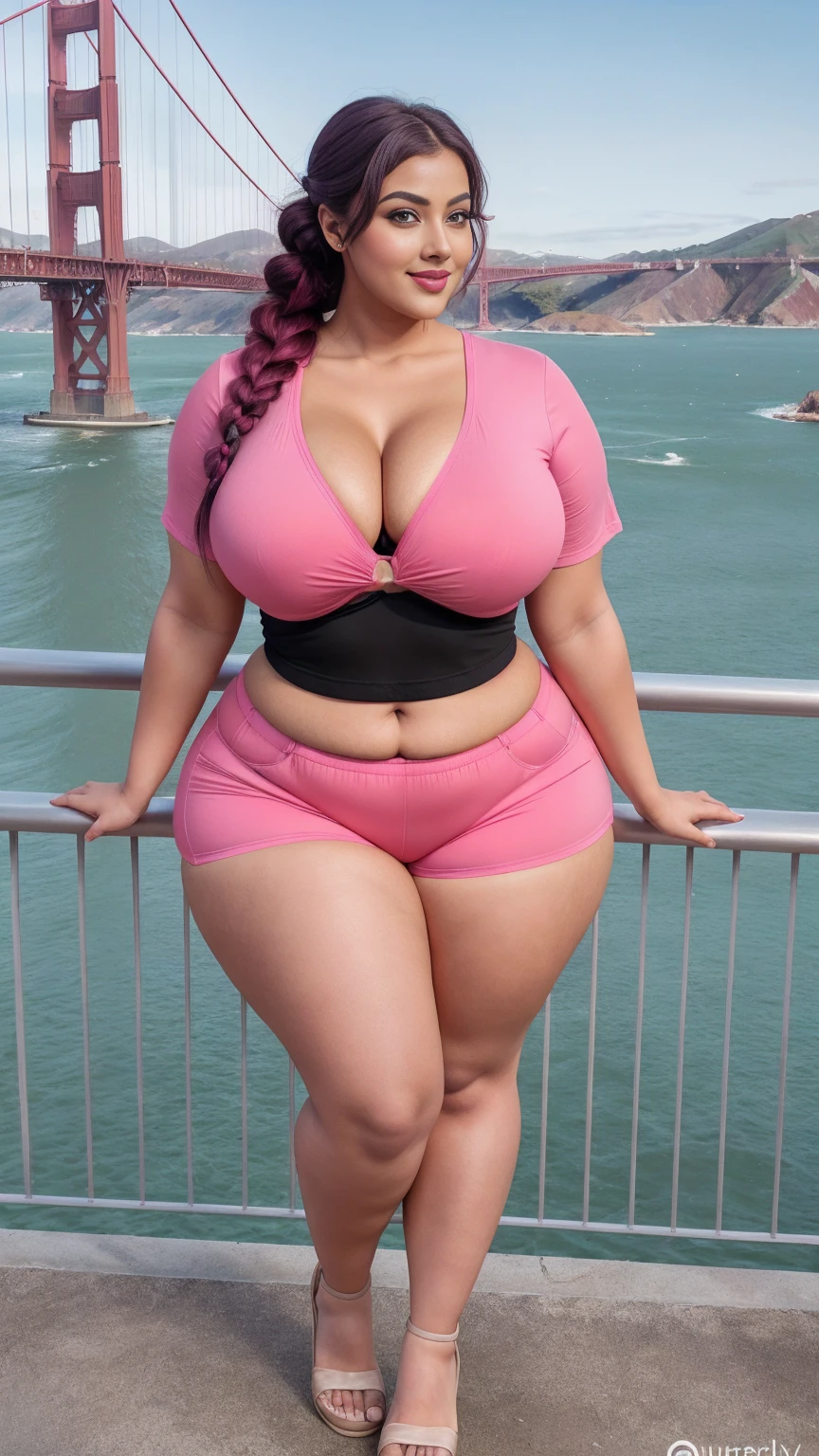gorgeous curvy plus size Indian bengali actress ritavori , glowing eyes, wearing SHEIN Young Boy Spider Print Short Sleeve T-Shirt And Shorts Set With Bag  Color: Red , covered Bust, parted lips, blushing cheeks, thick thighs, bigger waist, busty, curvy plus size body, full body, full body shot, head to toe view, smoothning burgendy color hair with pfrench braid hairstyle, hourglass body, curvy plus size body, smile face, bigger waist, busty, big hips, fleshy thighs, thick thighs, busty, full body view, ultra detail, high resolution, ultra detailed, best quality, amazing, top quality, extremely detailed CG unity 8k wallpaper, full body view, Golden Gate Bridge, San Francisco, USA: Iconic suspension bridge with scenic views
