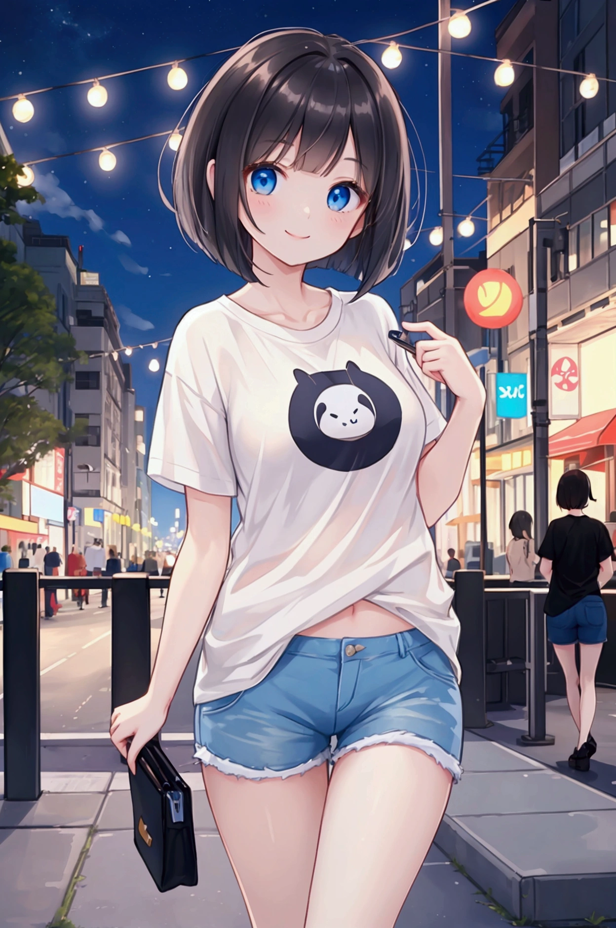 Photorealistic、Highest quality、Highest Resolution、Highest quality、16K、One beautiful woman、Cute face、Delicate face、Bob cut hair、Dark Hair Color、Pale blue eyes、Beautiful breasts、Cute T-shirts、Casual shorts、night、In the city、smile、