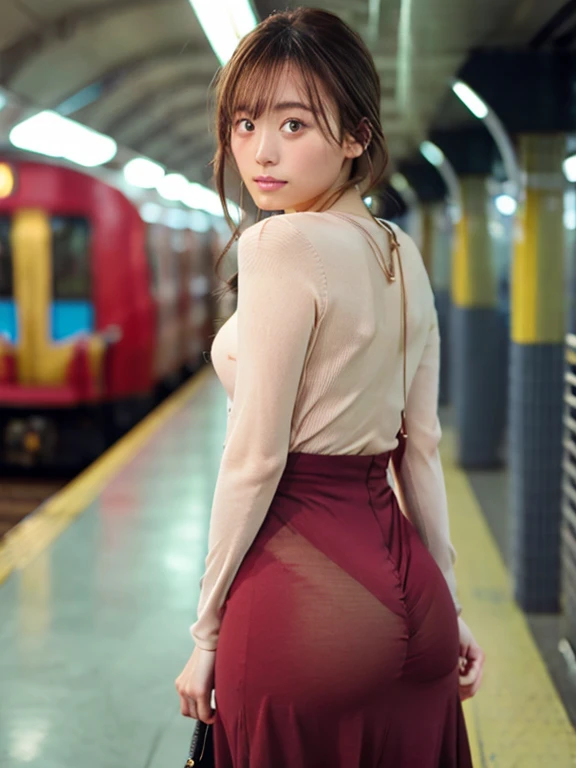 In 8K、RAW Photos、Highest quality、Realistic、Photorealistic、Professional Lighting、masterpiece、Very delicate and beautiful woman).A woman standing on an empty subway looking back at me, Wearing a knit and a long skirt. There is no one else on board、Age 27. Has J-cup breasts.,Round ass,Slender beautiful woman,Looking Camera、Clothes that do not expose skin、(emphasize the butt crack:1.2)