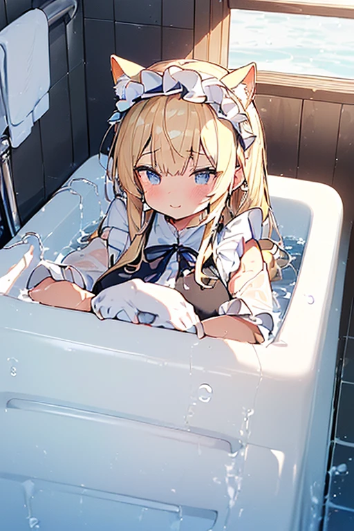 (Ultra high quality:1.6), (Highest quality:1.4), (Attention to detail:1.4), (Ultra-high resolution:1.6), (Detailed face:1.4), (Perfect Face:1,4), (Beautiful Eyes:1,6), (Detailed eyes:1.6), (Maid clothes, White apron, Headband, Black Dress, Blue ribbon, Maid clothes, Classic, Long:1.4), (白と黒のMaid clothes:1.6), (Blonde, Blue Eyes, Cat ear:1.5), cute, The best smile, Soaking wet, (Water droplets all over the body, 全身White foamまみれ:1.4), (Swimming in clothes, bathing, Bathroom, Bathtub:1.6), (relax, Extremely relaxing:1.6), (Bubble bath:1.4, White foam:1.4), (衣服のままBathtubに浸かる, Submersion:1.6), (胸までSubmersion:1.6), 衣服にもWhite foam, つま先から胸までSubmersion, White bubble