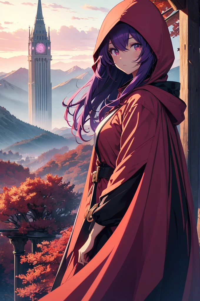 anime girl,bright eyes,cape,Hood removed,Hair Two Colors Red,violet,the forest,mountain,Tower,Against the Background of a Huge World with an Endless Horizon,Flame Envelops the Tower,4K wallpaper,Art wallpaper Anime,Colorful world