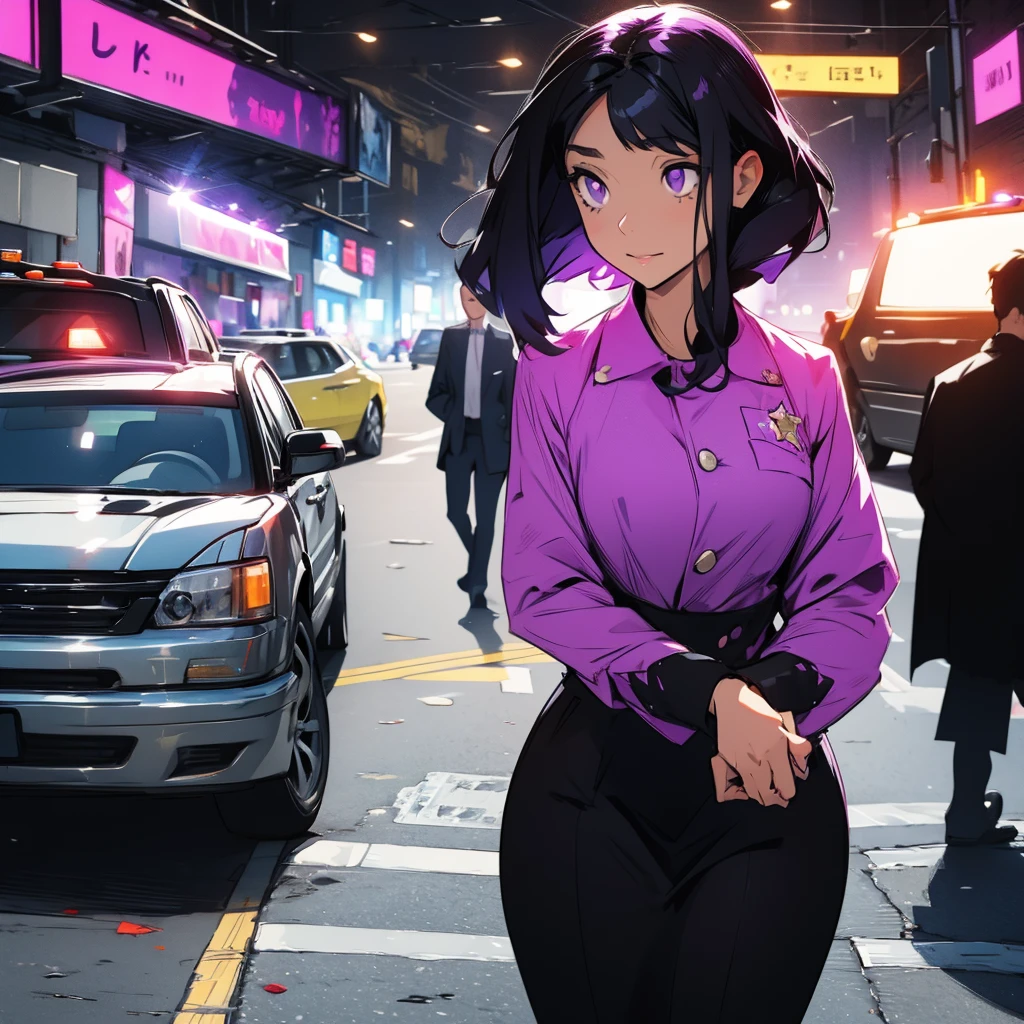 A detective girl with purple eyes and black hairs at a crime scene