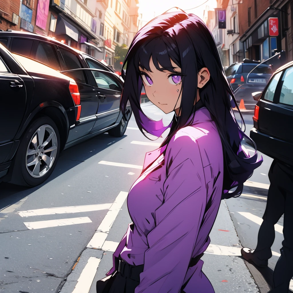A detective girl with purple eyes and black hairs at a crime scene