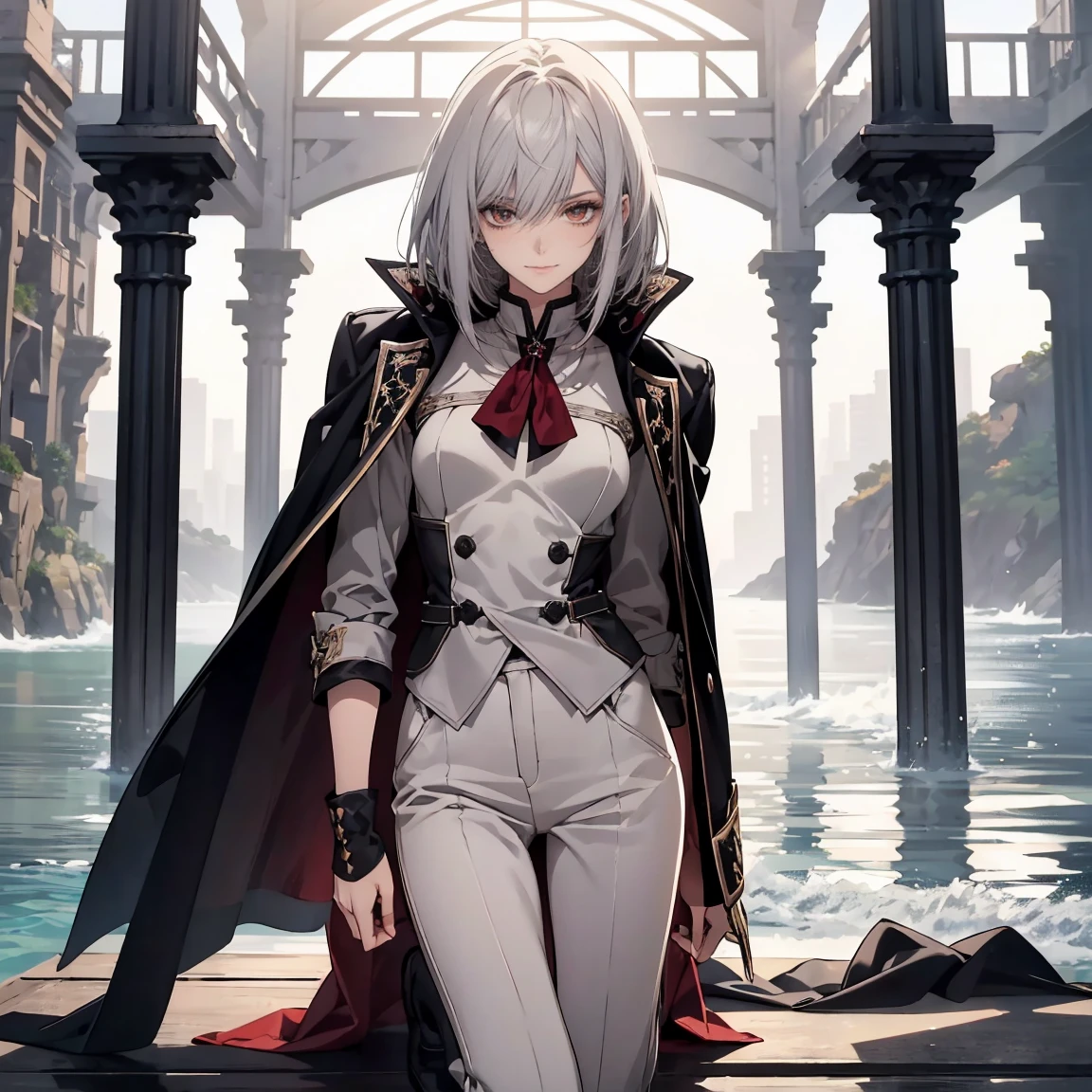(Confused, High resolution, Very detailed), 1 female, Silver Hair,Falling Bob Hair,Crimson Eyes,uniform,24th generation,beauty,mature,thin,quiet,Calm,A small smile,A kind smile,In front of people you like,Cape coat,Slender and thin,boots,skinny pants,Sea at dawn,Small breasts,