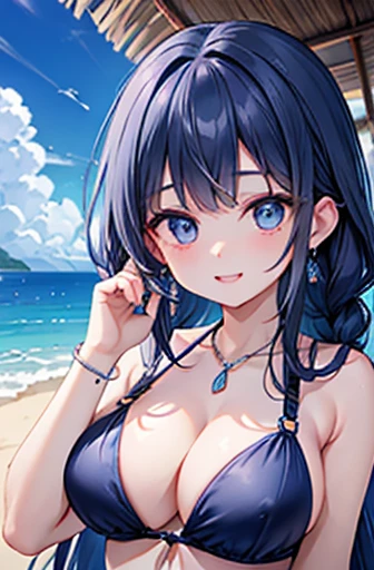 Highest quality、Highest quality、masterpiece、(8k),beauty(Age 25)、Navy blue long hair(Braiding of the sides)、blue eyes、naked、Big cleavage、(Big Breasts)、smile、blue necklace、Blue Earrings、background(Beach)、Please open your mouth wide、bracelet、Arch Pose、