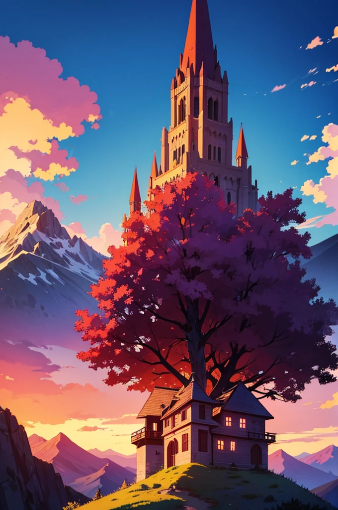anime girl,bright eyes,cape,Hood removed,Hair Two Colors Red,violet,the forest,mountain,Tower,Against the Background of a Huge World with an Endless Horizon,Flame Envelops the Tower,4K wallpaper,Art wallpaper Anime,Colorful world